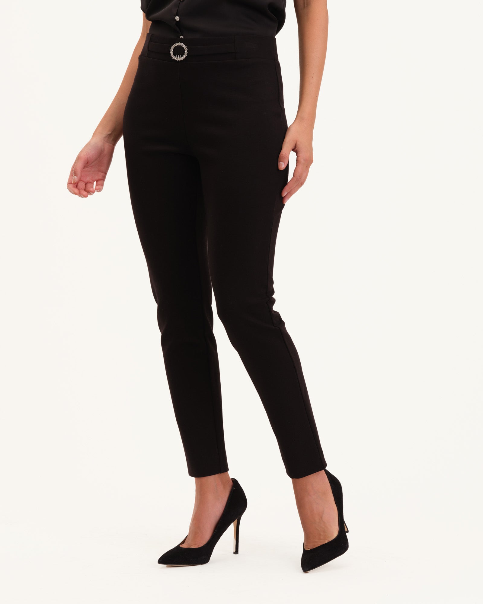 Pull-On Pant with Embellished Buckle Trim, Black | T Tahari