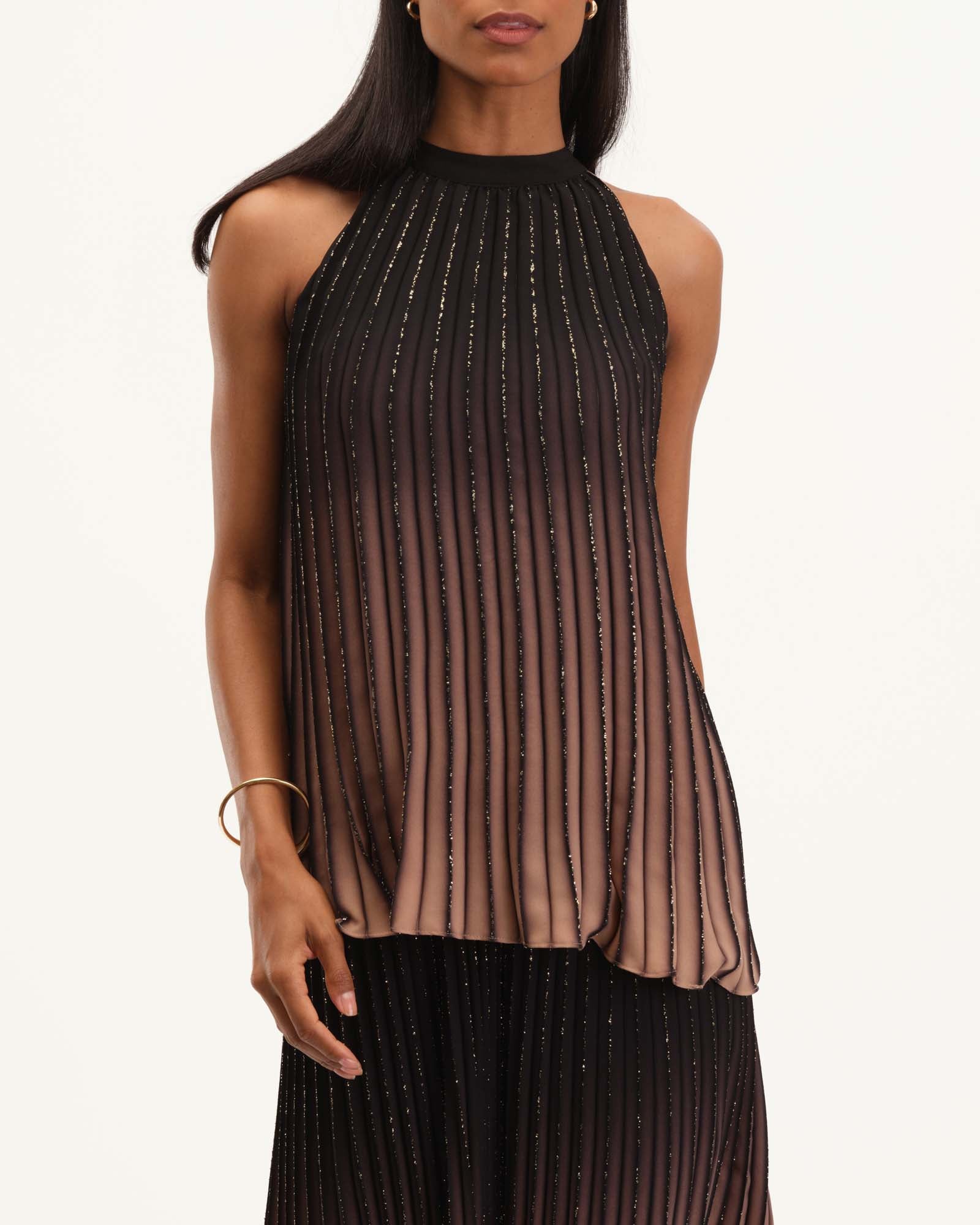 Pleated Halter Neck Top with Lurex, Black/Sand Ombre | T Tahari