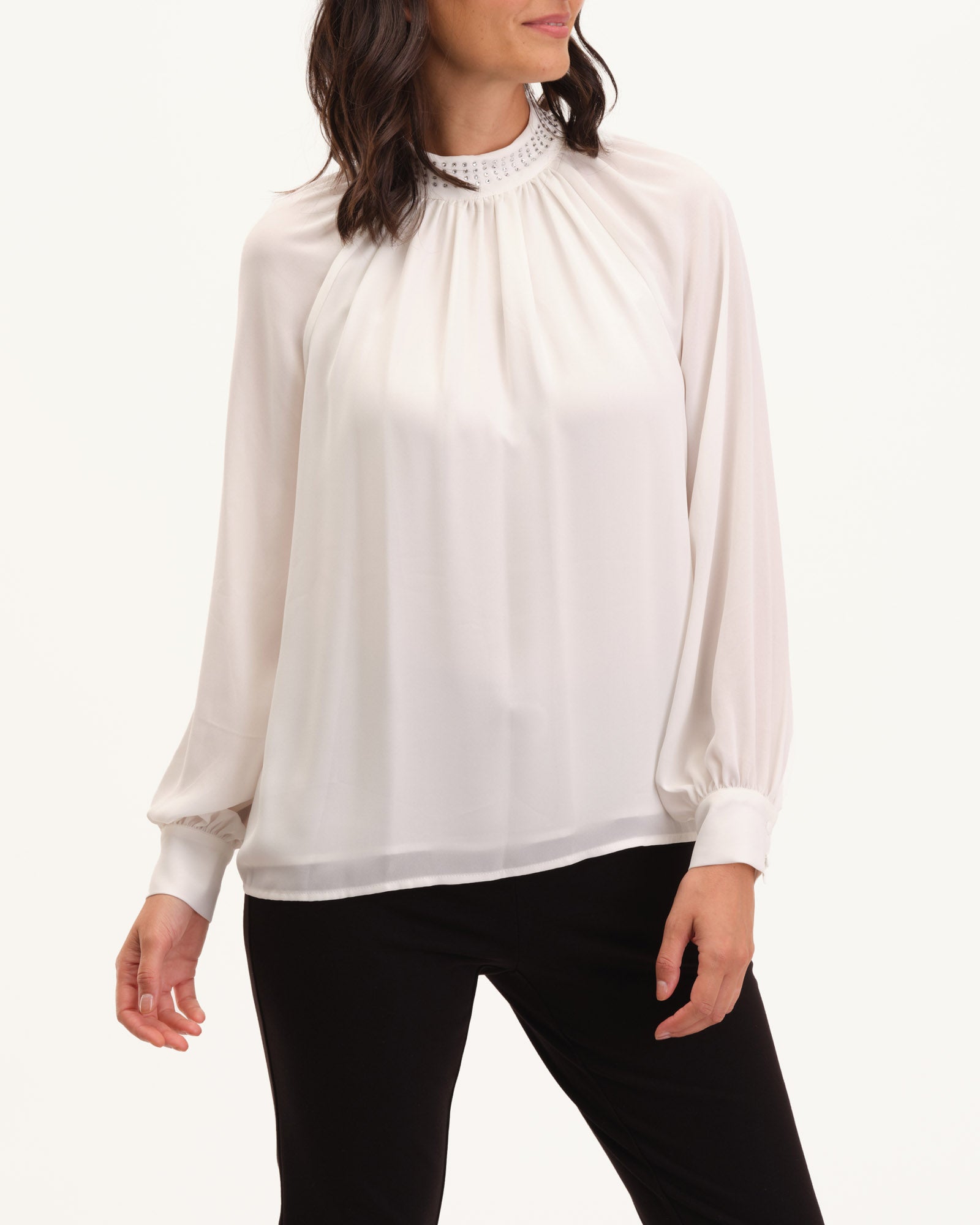 Mock Neck Blouse with Crystals, White Star | T Tahari