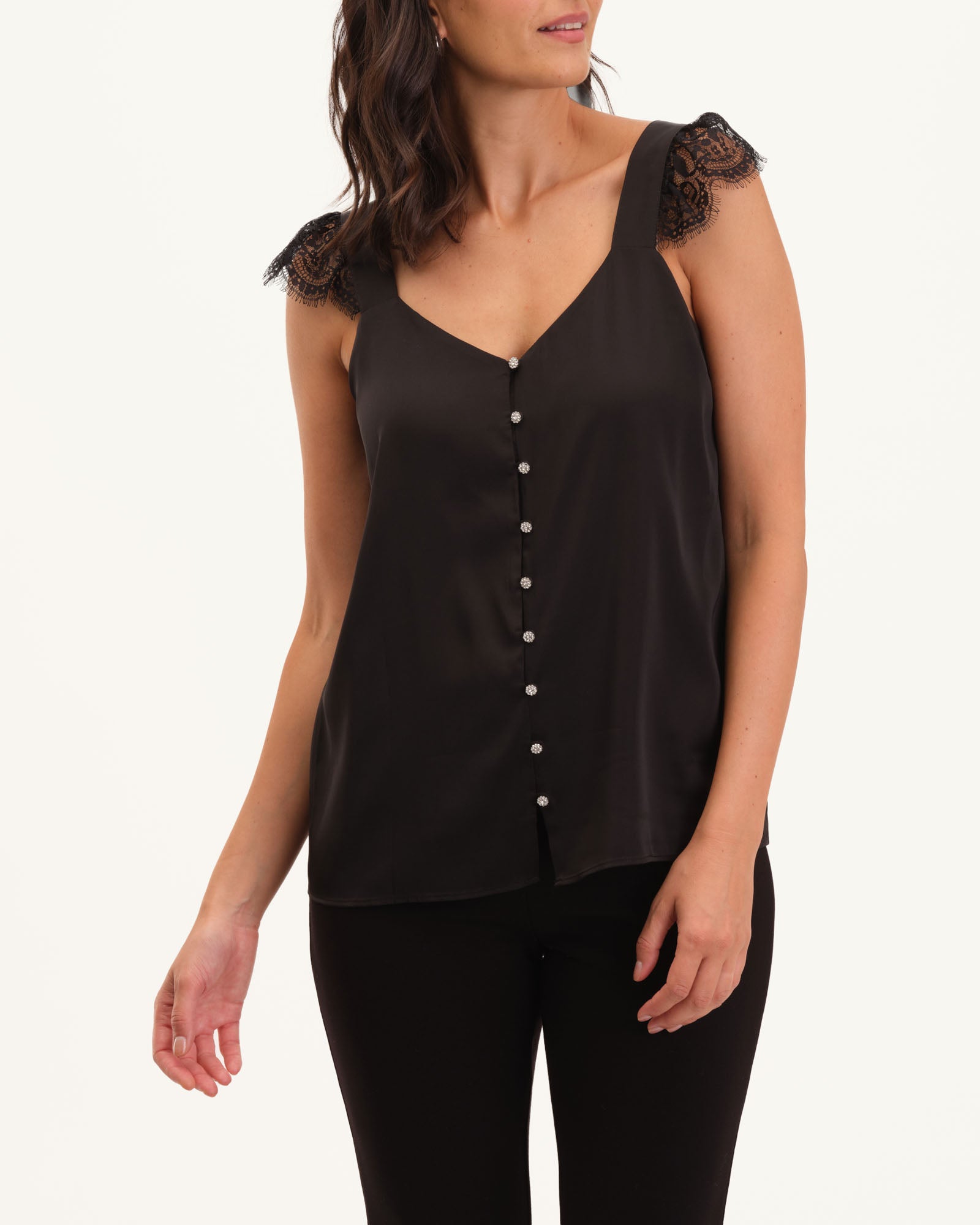 Crystal Button Down Cami with Lace Ruffle Sleeve, Black | T Tahari