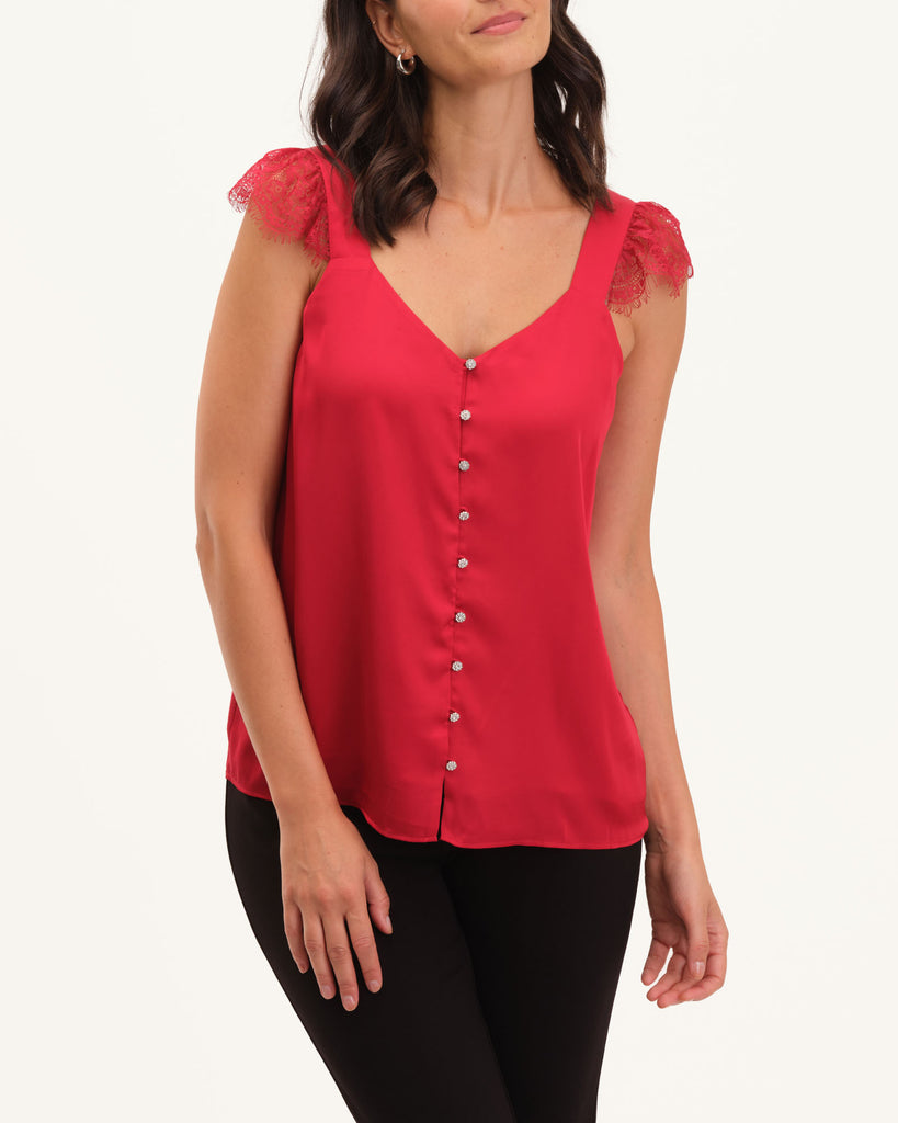 Crystal Button Down Cami with Lace Ruffle Sleeve, Scarlet Lipstick | T Tahari