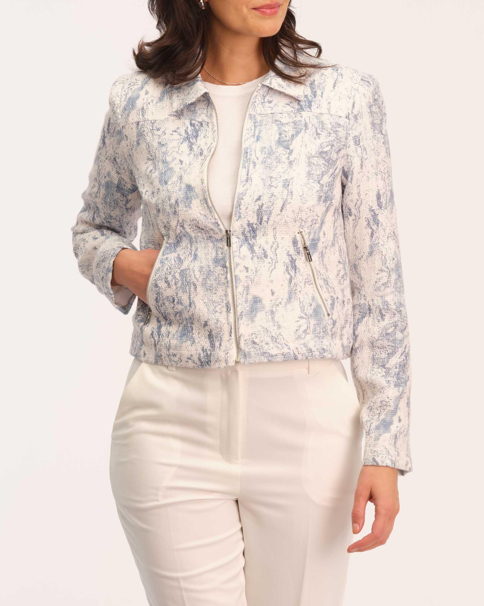 Shop T Tahari Women's Zip Up Printed Tweed Moto Jacket | JANE + MERCER