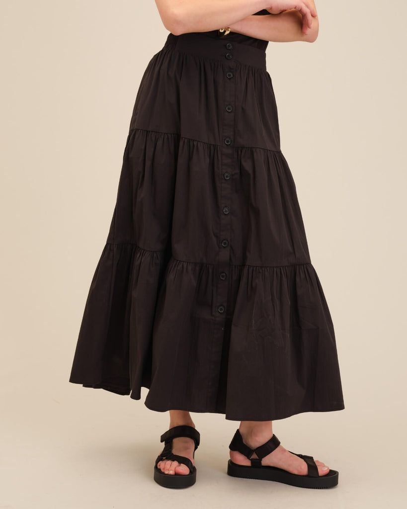 Button-Front Tiered Maxi Skirt, Black | T Tahari