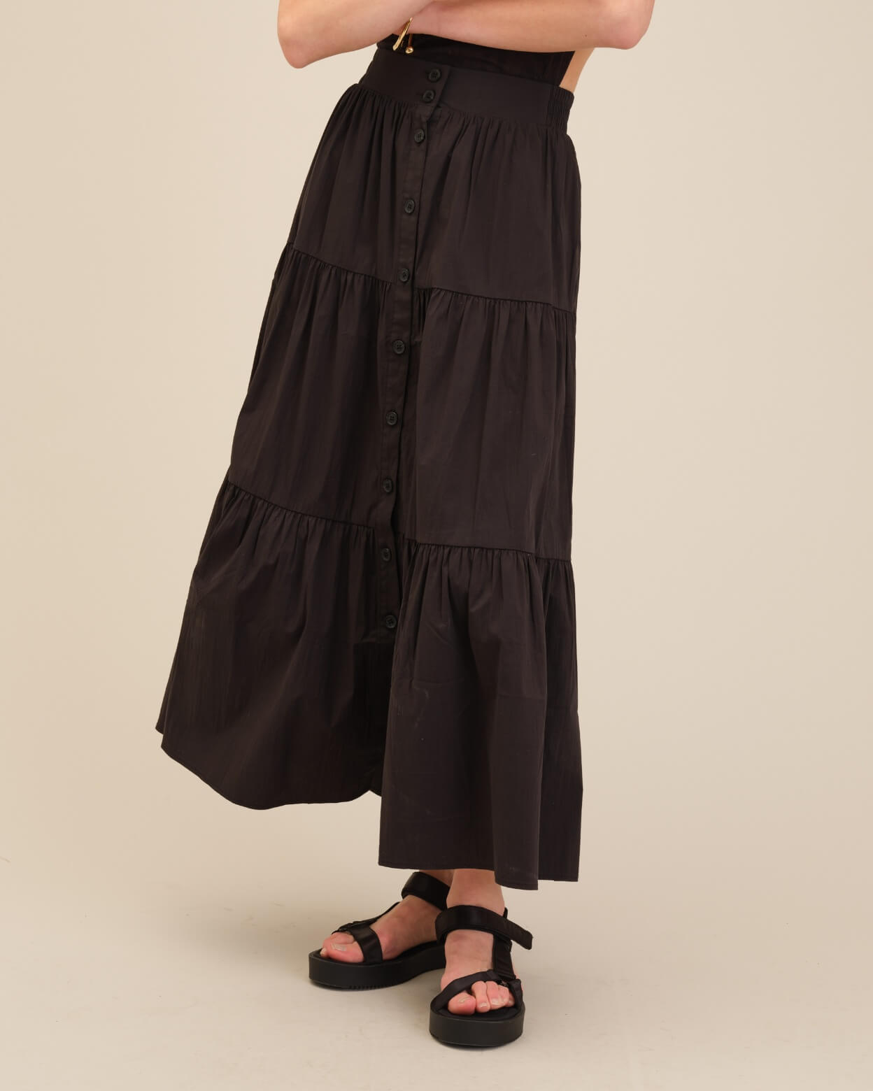 Button-Front Tiered Maxi Skirt | T Tahari | JANE + MERCER