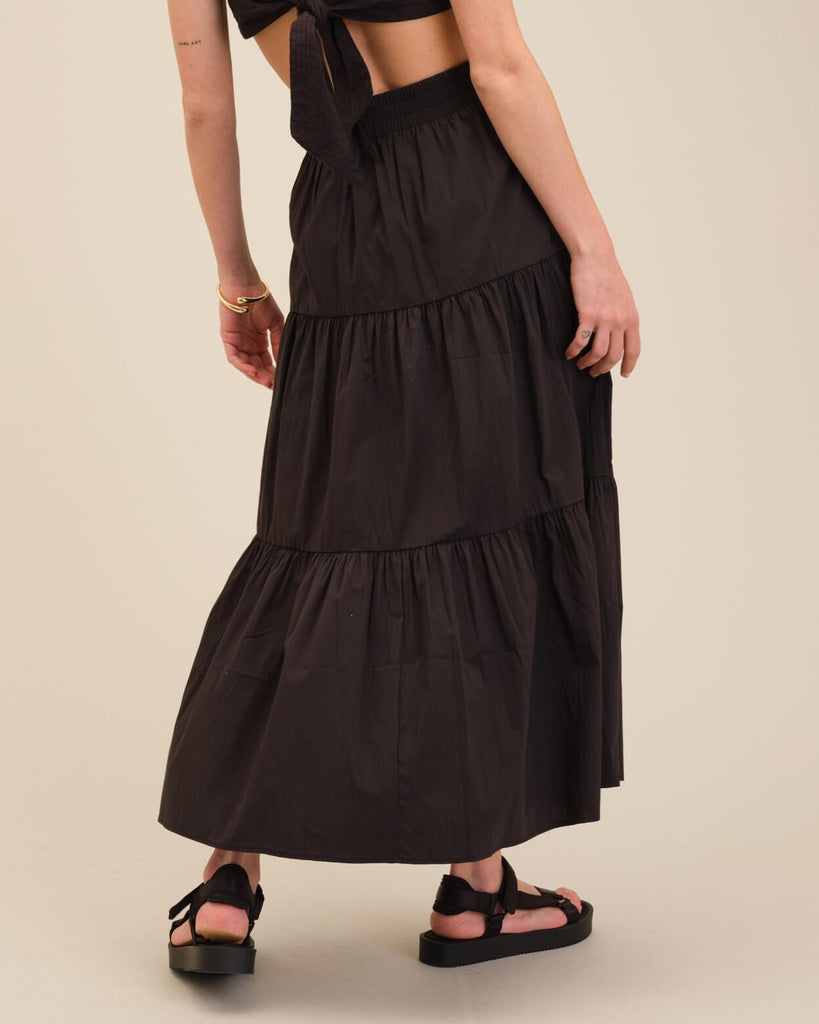 Button-Front Tiered Maxi Skirt, Black | T Tahari