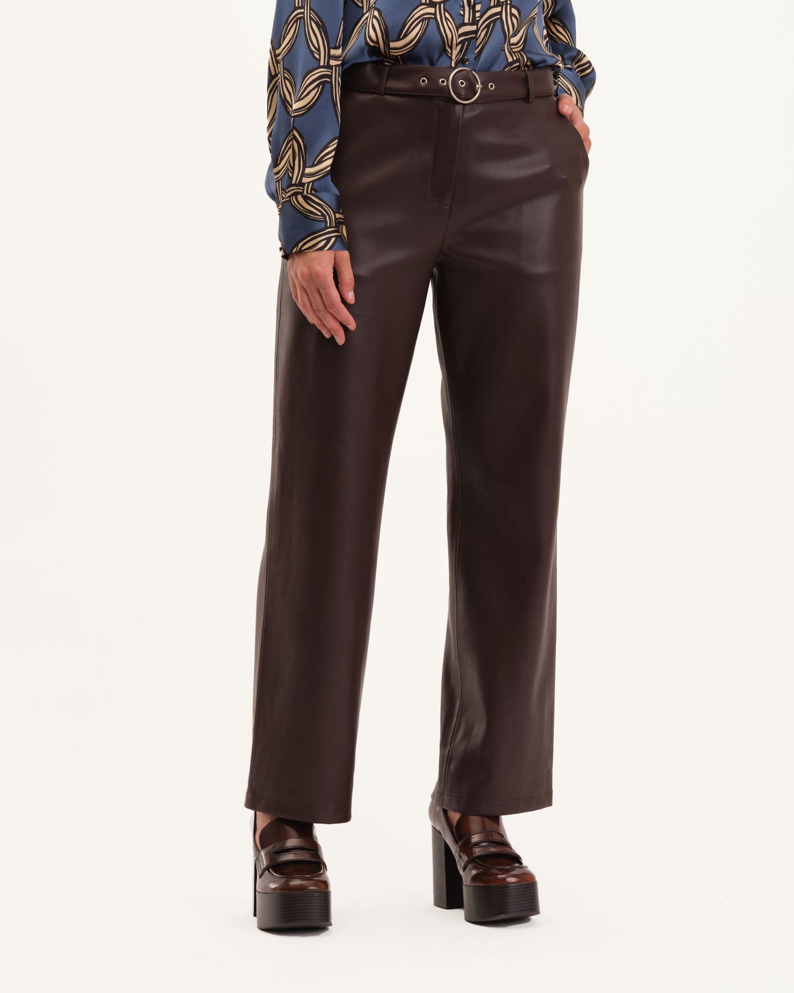 Vegan Leather Slim Pant with Self Belt, Rich Wood | T Tahari