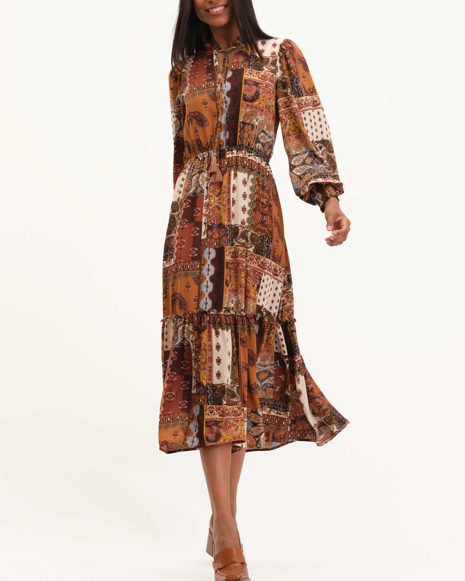 Split Ruffle Neck Long Midi Dress, Desert Patchwork | T Tahari