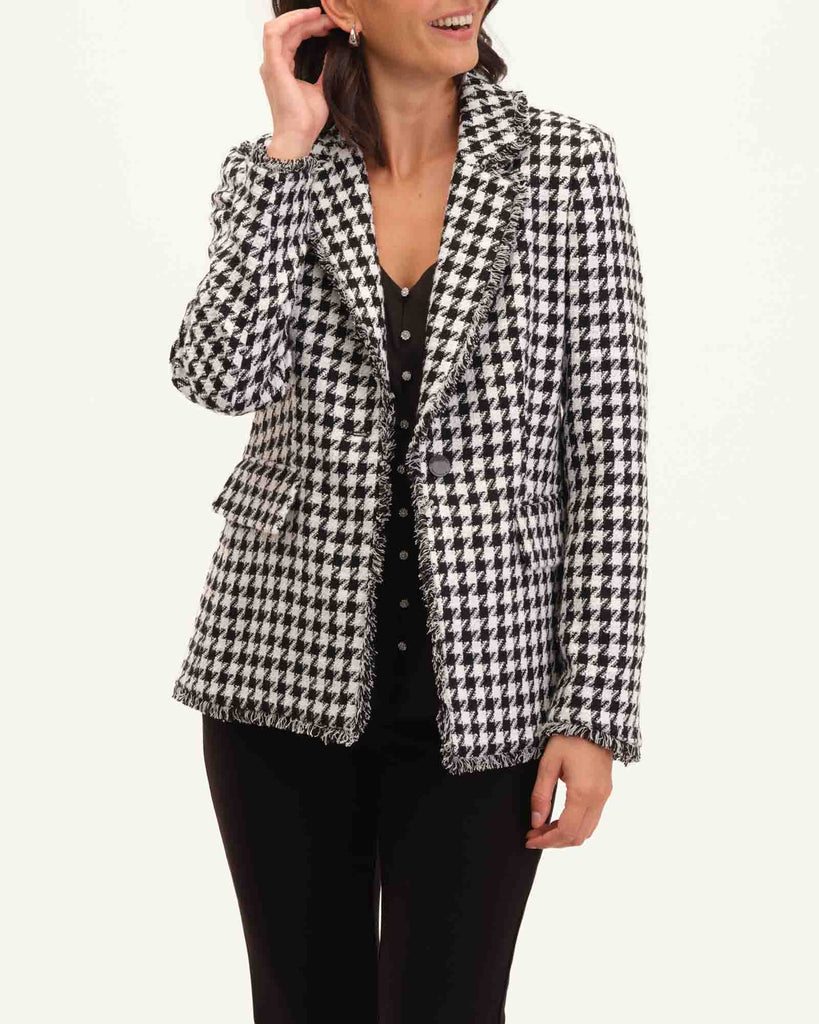 Houndstooth Textured Boucle Notch Collar Jacket, White/Black Houndstooth | T Tahari