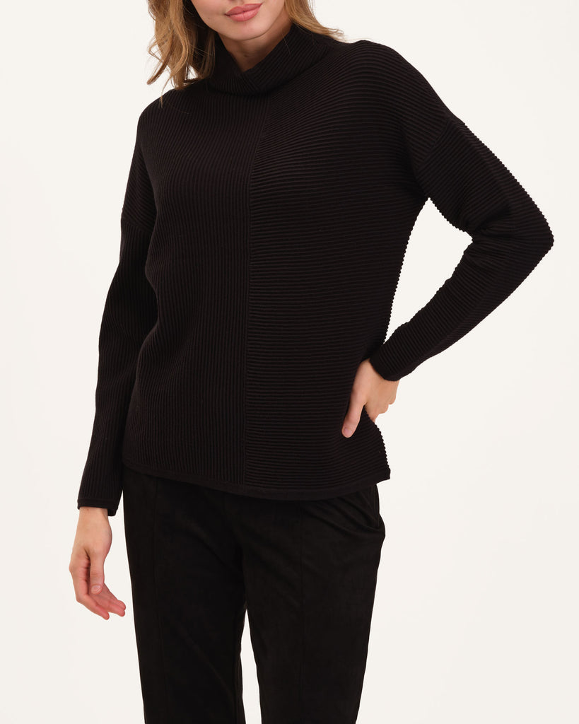 Funnel Neck Horizontal and Vertical Ottoman Mix Pullover, Black | T Tahari