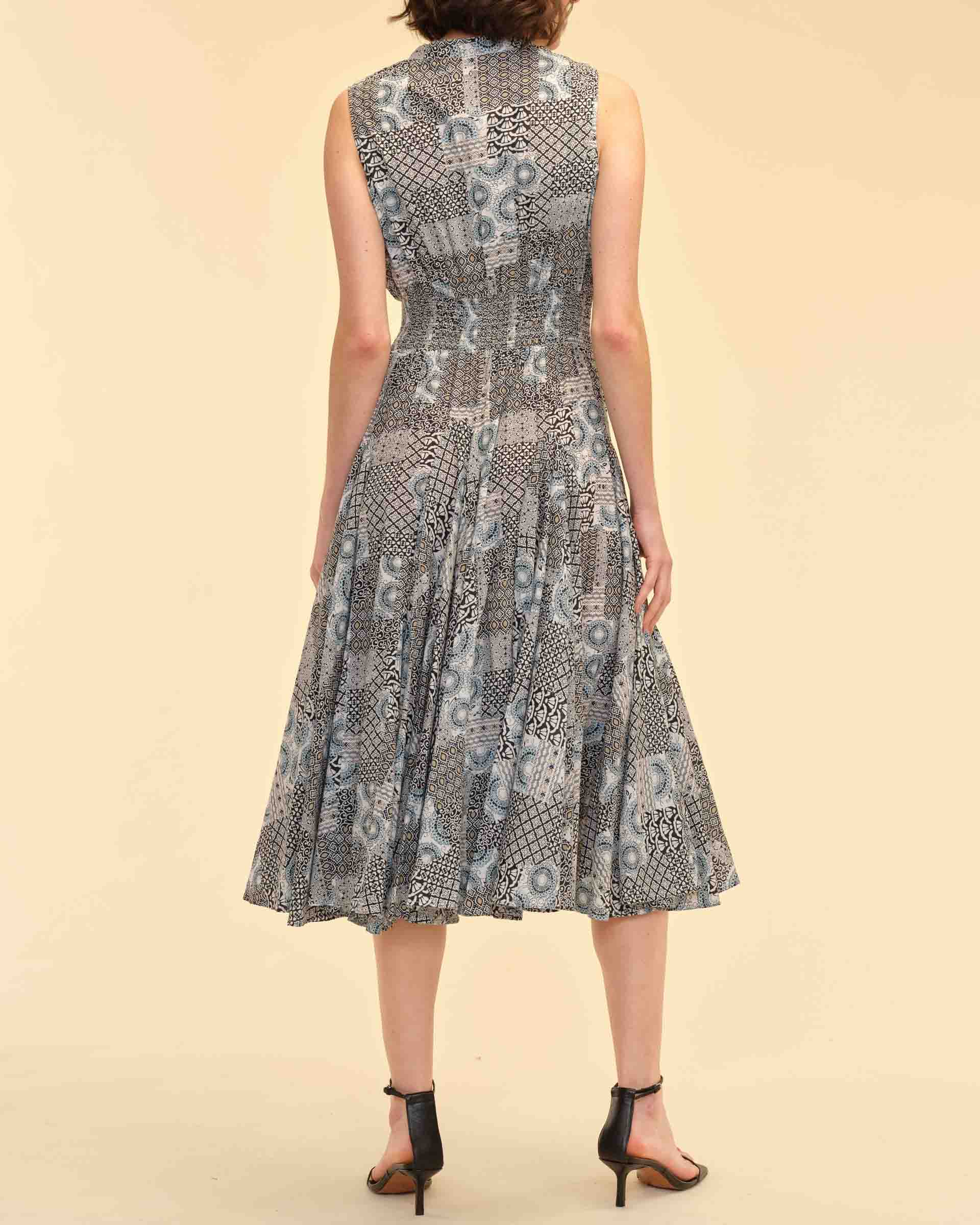 Shop Mosaic Patchwork Smocked Waist Midi Dress | Chelsea & Theodore | JANE + MERCER