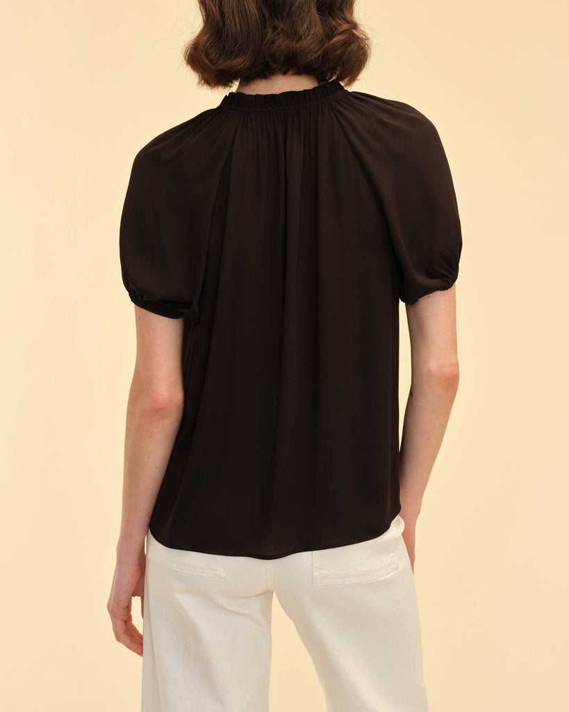 Short Sleeve Tie Ruffle Neck Top | Elie Elie Tahari