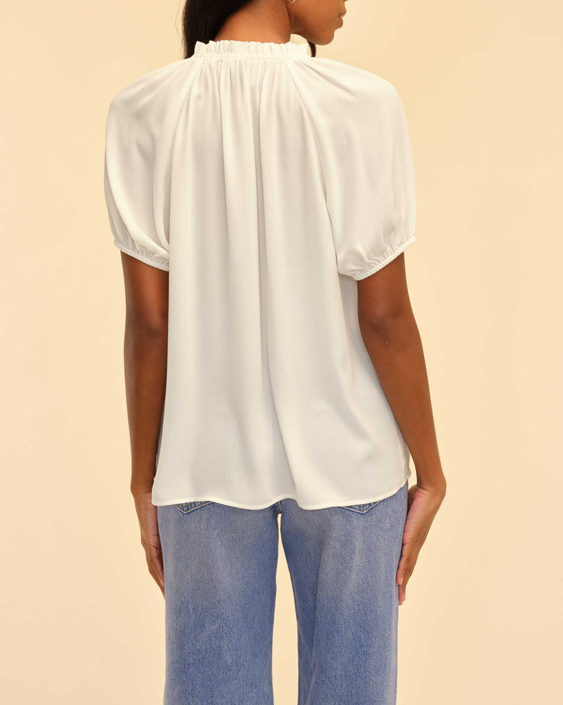 Short Sleeve Tie Ruffle Neck Top | Elie Elie Tahari