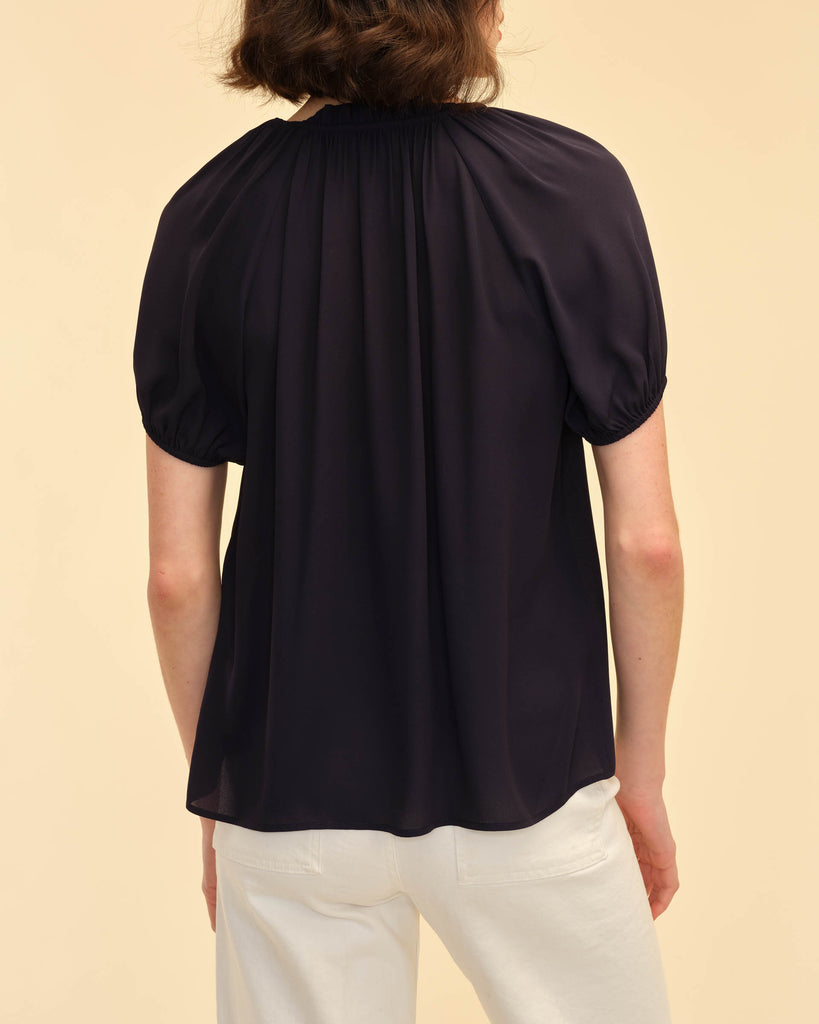 Short Sleeve Tie Ruffle Neck Top | Elie Elie Tahari