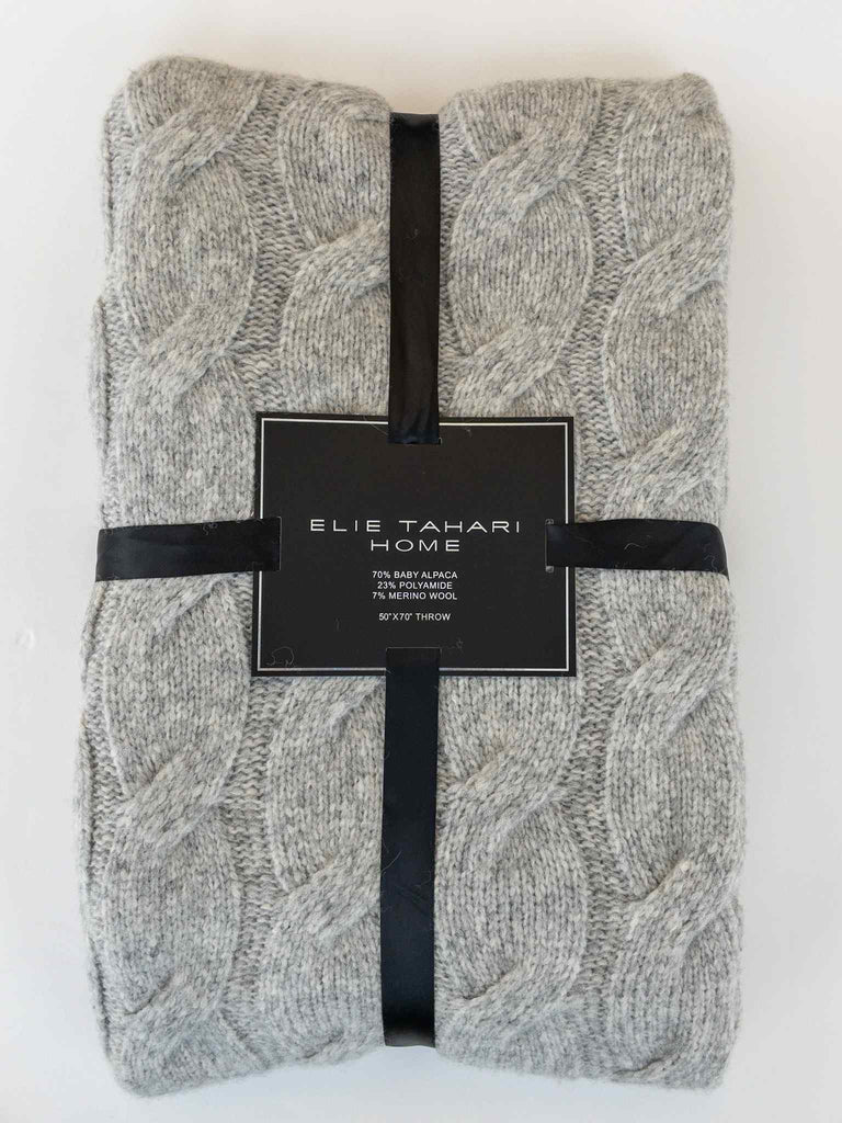 Elie Tahari 50x70 Cable Knit Alpaca/Wool Throw, Flannel Grey