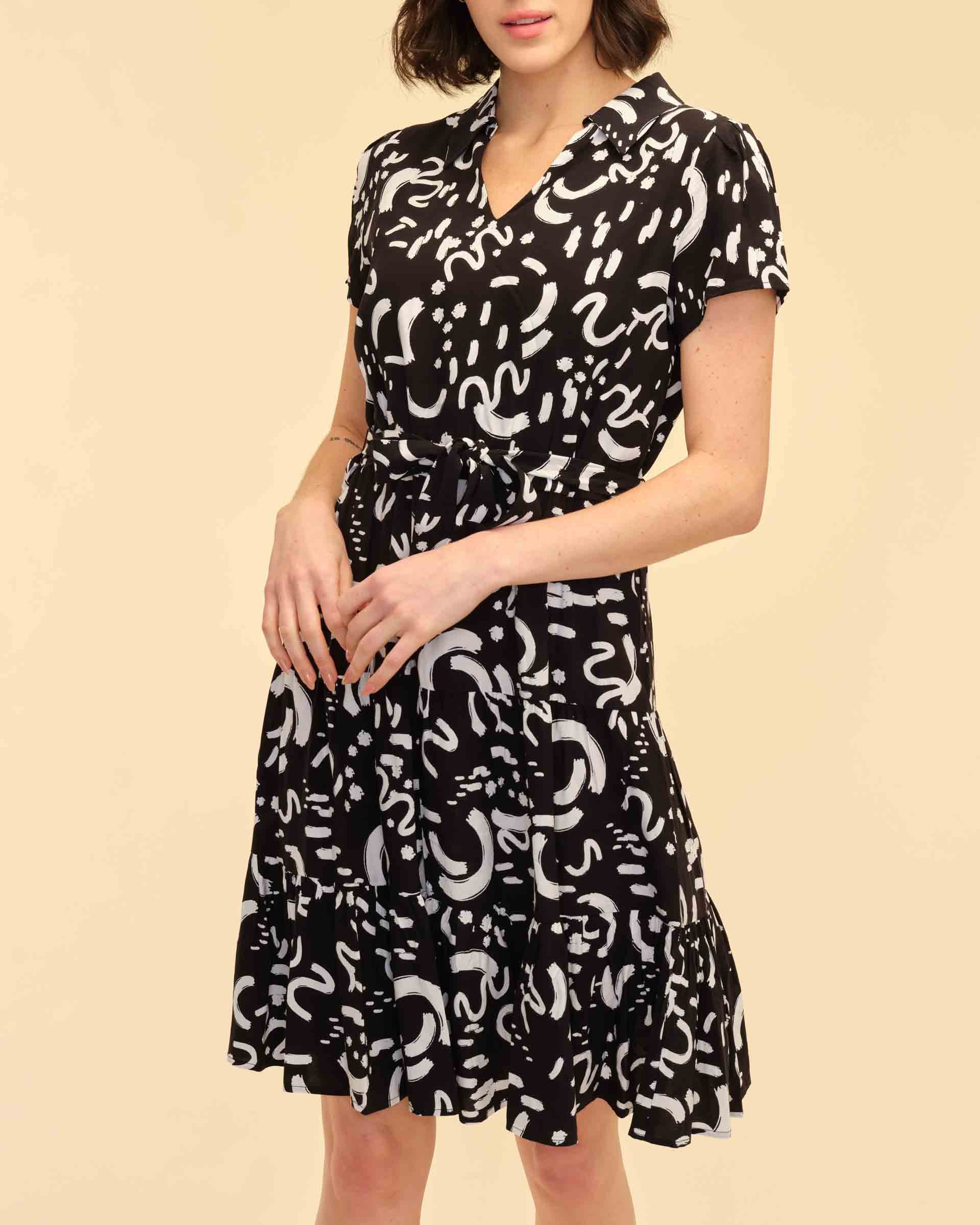 Printed Tiered Dress with Belt T Tahari